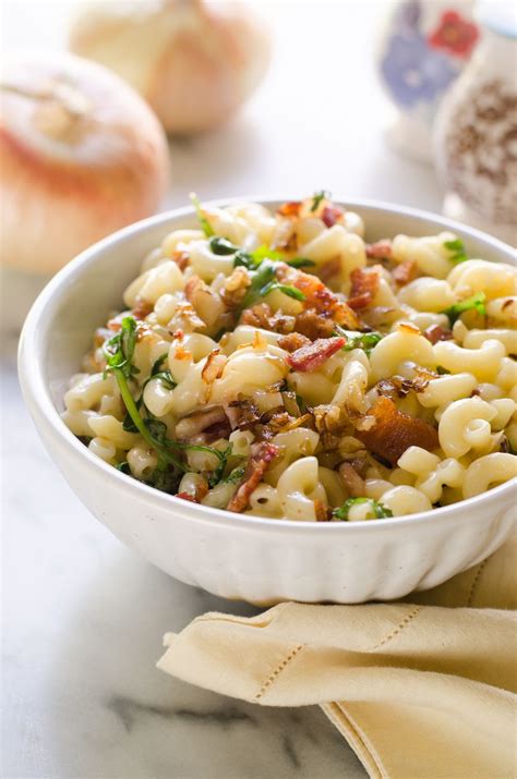 Caramelized Onion Bacon And Arugula Mac And Cheese Gourmet Mac And