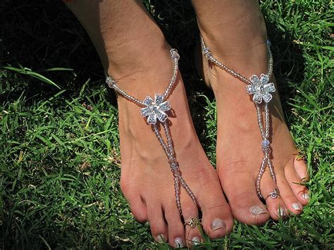 Silver And Crystal Flower Barefoot Sandals Foot Thong