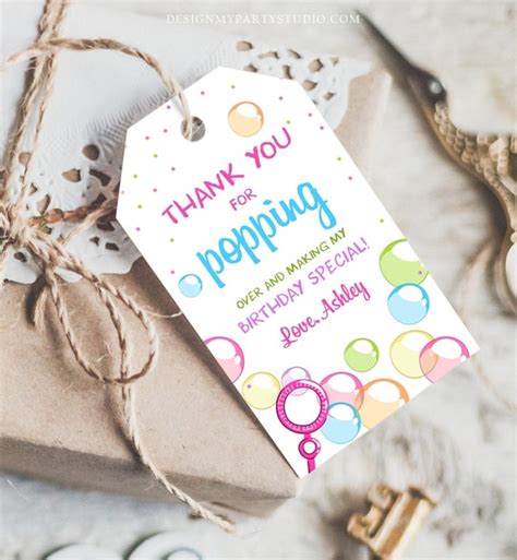 Editable Bubble Favor Tags Pink Bubble Birthday Thank You Tags Popping