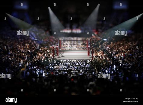 Empty boxing ring surrounded with spectators. 3D illustration Stock