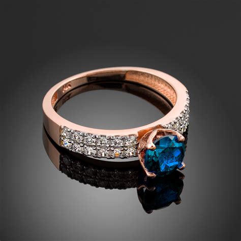 Blue Topaz Gemstone Rose Gold Diamond Pave Engagement Ring