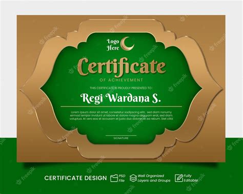 Premium Psd Islamic Certificate Template Green And Gold Certificate