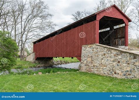 Red Covered Bridge Stock Image Image Of Landscape Rural 71293287