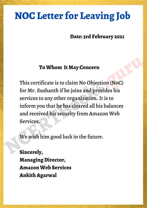 No Objection Letter Format Template How To Write A Noc Letter