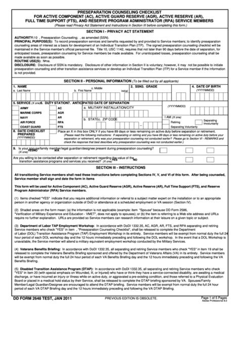 Fillable Dd Form 2648 Preseparation Counseling Checklist For Active
