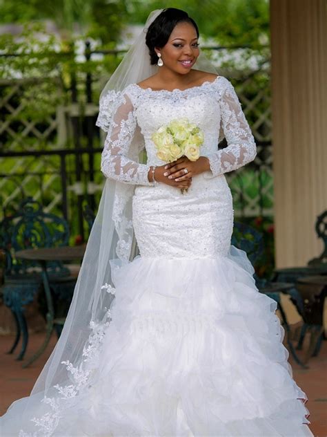 Plus Size Bride Dresses Custom Made Elegant Beaded Lace Long Sleeves Mermaid Wedding Dress