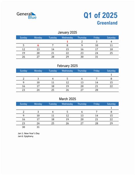 Q1 2025 Quarterly Calendar With Greenland Holidays