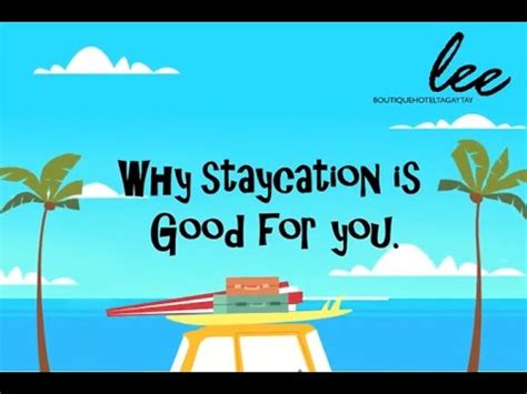 A staycation (a portmanteau of stay and vacation), or holistay (a portmanteau of holiday and stay), is a period in which an individual or family stays home and participates in leisure activities. Benefits of a Staycation - YouTube