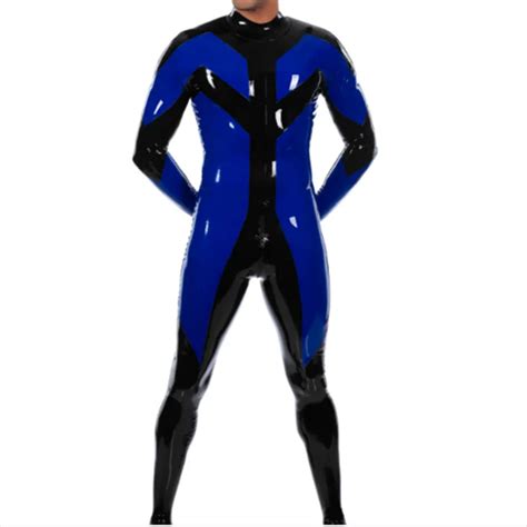 Handmade Male Latex Catsuit Blue And Black Rubber Bodysuits With Back