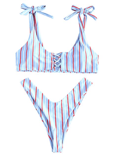 zaful striped lace up knotted bikini set denim blue bikinis bikini set high neck bikinis