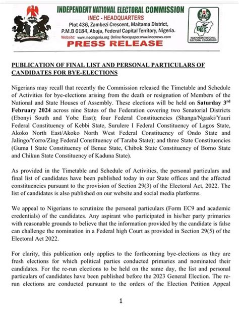 Inec Publishes Final Lists And Candidates For The Bye Elections Politics Nigeria