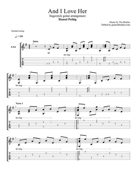 The Beatles And I Love Her Fingerstyle Guitar Tab Pdf Guitar Sheet