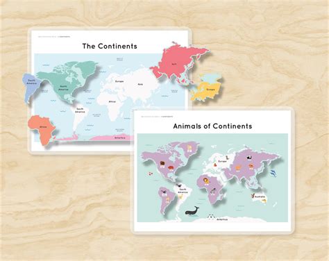 7 Continents World Map Oceans And Animals Of Continents Matching Etsy