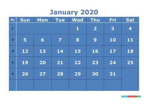 Free Printable January 2020 Calendar Word Pdf