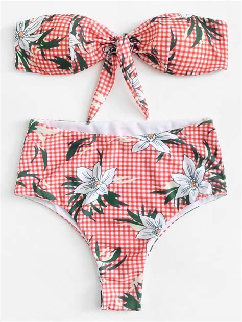 Plaid Flower Print Knot Front Bikini Set SheIn Sheinside Bikinis Bikini Set Bow Bikini