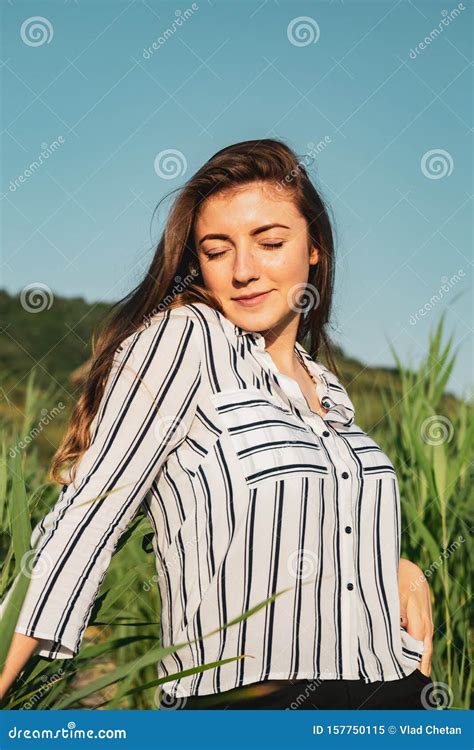 Girl Wearing A Striped Shirt At Reed National Reservation Sic Village Romania Stock Image
