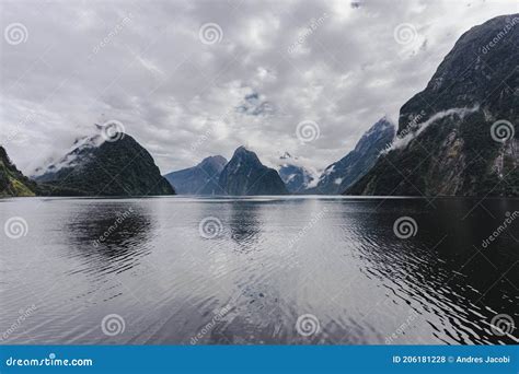 Milford Sound Fjords On A Cloudy Day Seen From A Cruise Fiordland