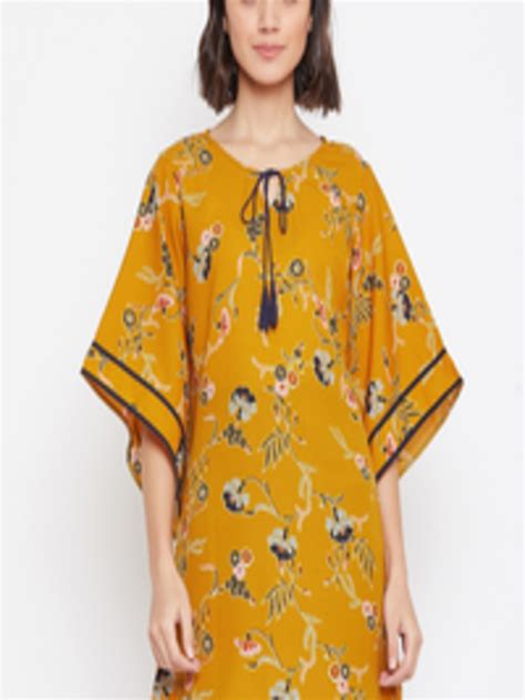 Buy Ruhaans Mustard Yellow And Navy Blue Floral Printed Tunic Tunics