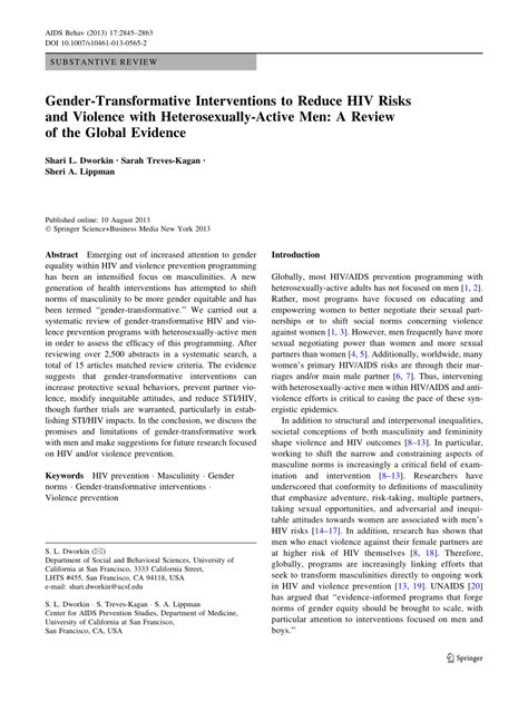 pdf gender transformative interventions to reduce hiv risks and violence with heterosexually