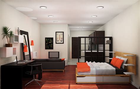 Studio Apartment Design Ideas With Orange Accent Interior Apartemen