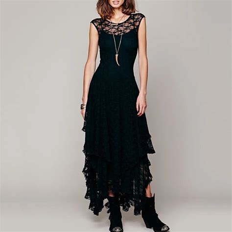 Gothic Women Black Lace Maxi Dress New Pullover Ruffles Asymmetric Lady Elegant Party Club