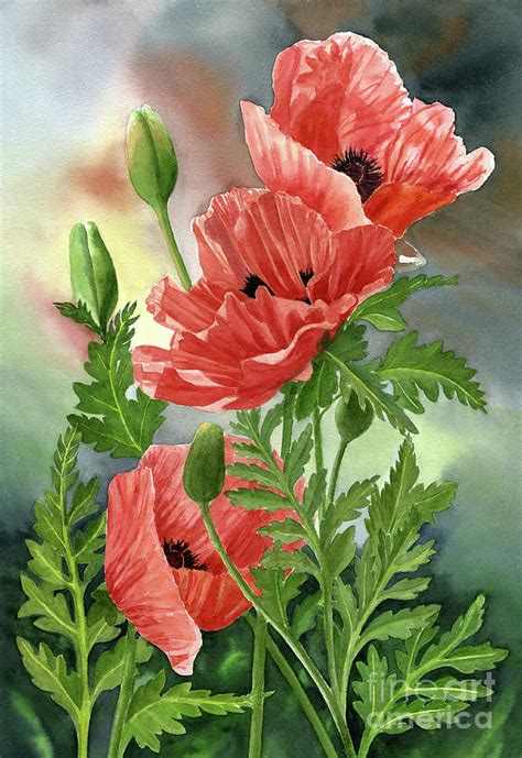 Three Red Orange Poppies With Leaves Painting By Sharon Freeman Pixels