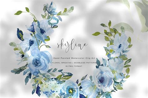 Watercolor Blue Wreath Collection Hand Painted Flowers Flower