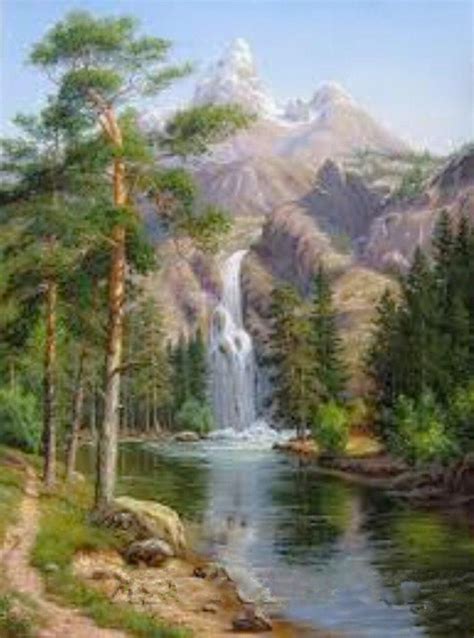 Waterfall On Mountain Landscape Paintings Waterfall Drawing Waterfall