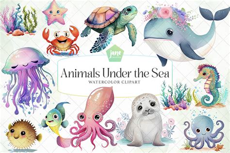 Animals Under The Sea Watercolor Bundle Illustration Par Janecreative