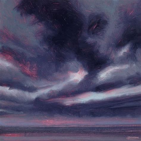An Oil Painting Of Clouds Over The Ocean At Sunset Or Sunrise With Pink