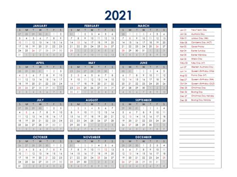 2021 Australia Annual Calendar With Holidays Free Printable Templates