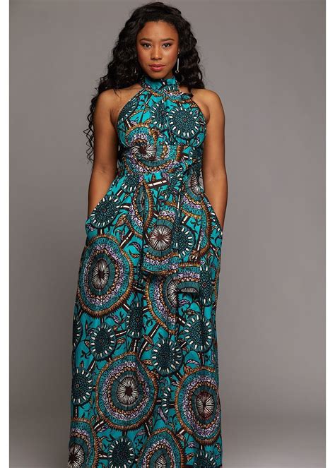 Ronke African Print Halter Maxi Dress Teal Flowers African Fashion