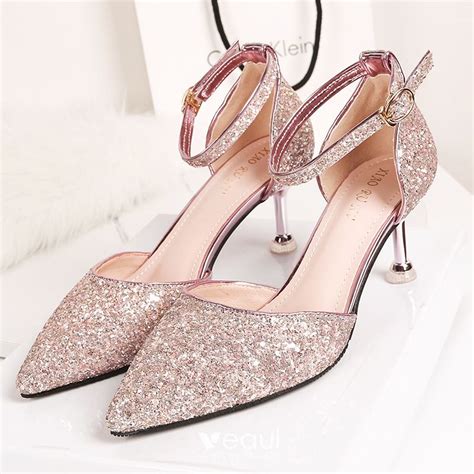 Sparkly Rose Gold Evening Party Womens Shoes 2020 Sequins Ankle Strap 6