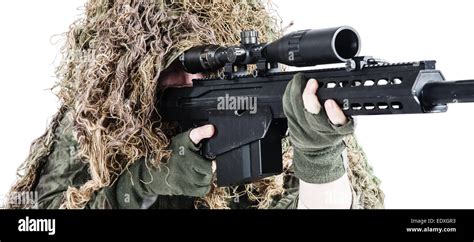 Army Sniper Wearing A Ghillie Suit Stock Photo Alamy