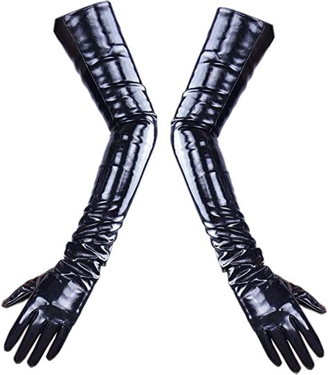latex long gloves shine leather faux patent pu 24 60cm opera evening black patent black at