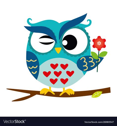 Cute Blue Owl Sitting On A Branch With Flower Vector Image