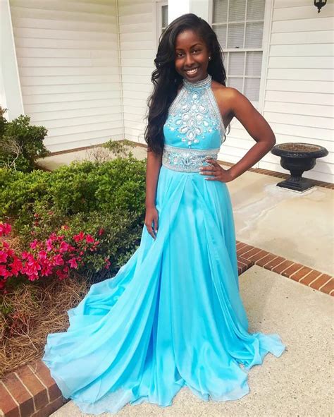 Sexy Turquoise African Black Girl Prom Dress High Neck Beading Crystals Prom Gowns Evening