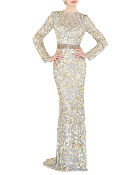 They know the prettiness which choose to enhance one's several beauty. Mac Duggal Sequin High-Neck Long-Sleeve Illusion Gown w/ Open Back | Neiman Marcus