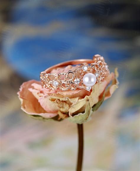 Pearl Engagement Ring Vintage Rose Gold Unique Engagement Ring Etsy