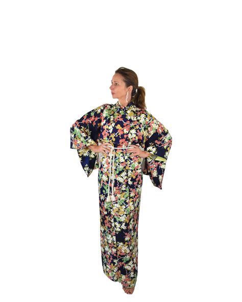 Japanese Vintage Kimono Robe Blue With Flower Pattern And Belt