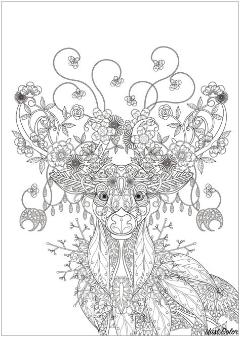 Free nature coloring pages for adults. Deer with Flower patterns - Christmas Adult Coloring Pages