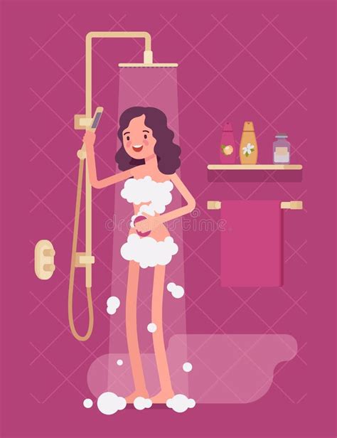 woman taking a relaxing shower soaping with foam stock vector illustration of female wash