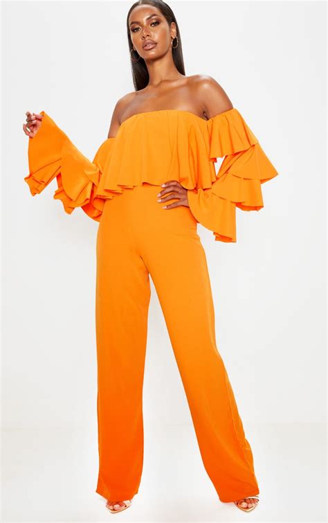 Bright Orange Ruffle Sleeve Bardot Jumpsuit Prettylittlething