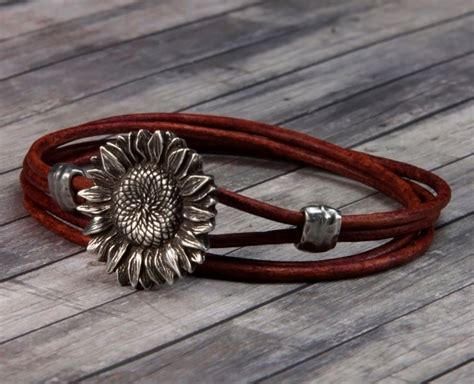 womens leather bracelet sunflower flower leather bracelet etsy