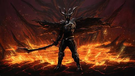Demon With Four Horns Wielding Sword Near Lava Ground Wallpaper Hd