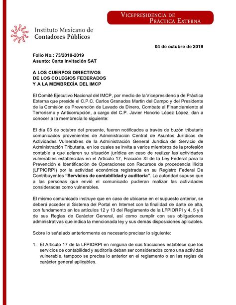 Folio No 732018 2019 Carta Invitación Sat Ccp México