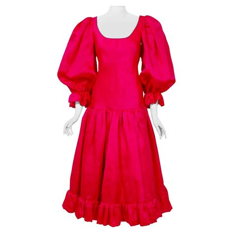 Vintage 1990s Oscar De La Renta Pink Silk Puff Sleeve Voluminous Ruffle Dress For Sale At