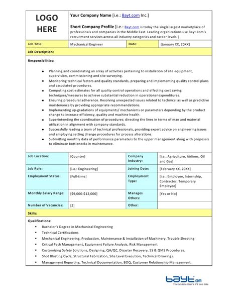 They frequently liaise with clients and negotiate with vendors and suppliers to gain the best deal. Mechanical Engineer Job Description Template by Bayt.com