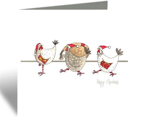 Christmas Card Three Chickens Fun Watercolour Barnyard Holiday Card