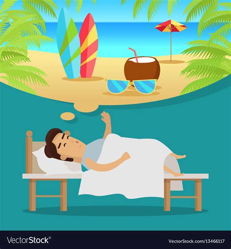 Man Sleeping And Dreaming Vacation On Beach Vector Image